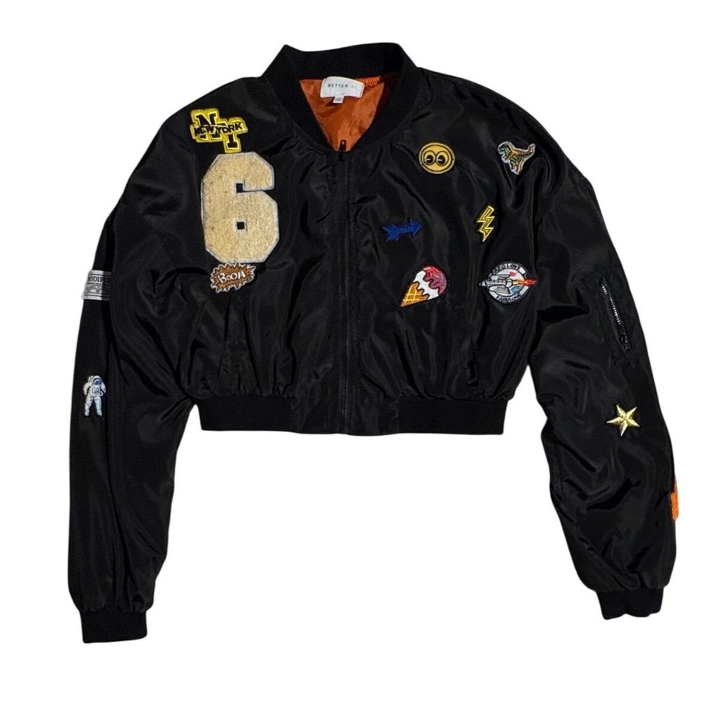 Y2K Cropped Black Bomber Jacket w/ Patches | Alt Girl Streetwear | Size Small‎